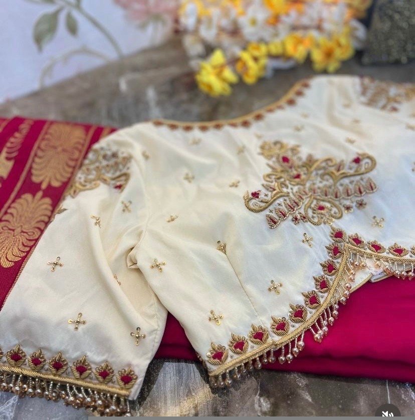 pure silk hand embroidery blouse /modern saree maggam blouse/cream zardosi blouse / hand embroidered blouse/off white ready made blouse