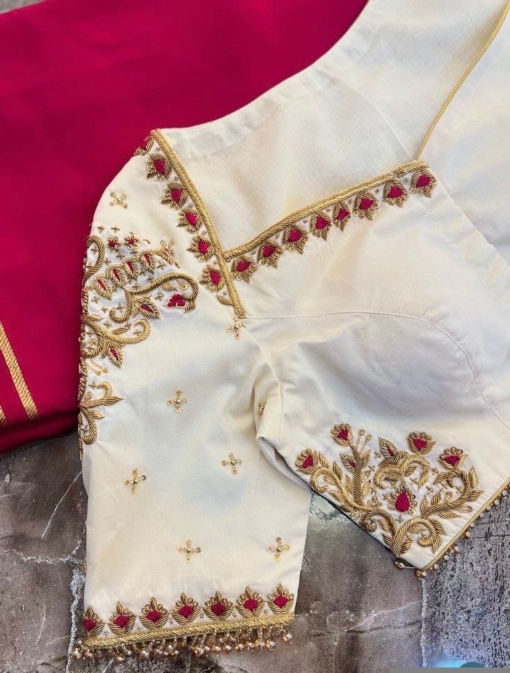 pure silk hand embroidery blouse /modern saree maggam blouse/cream zardosi blouse / hand embroidered blouse/off white ready made blouse