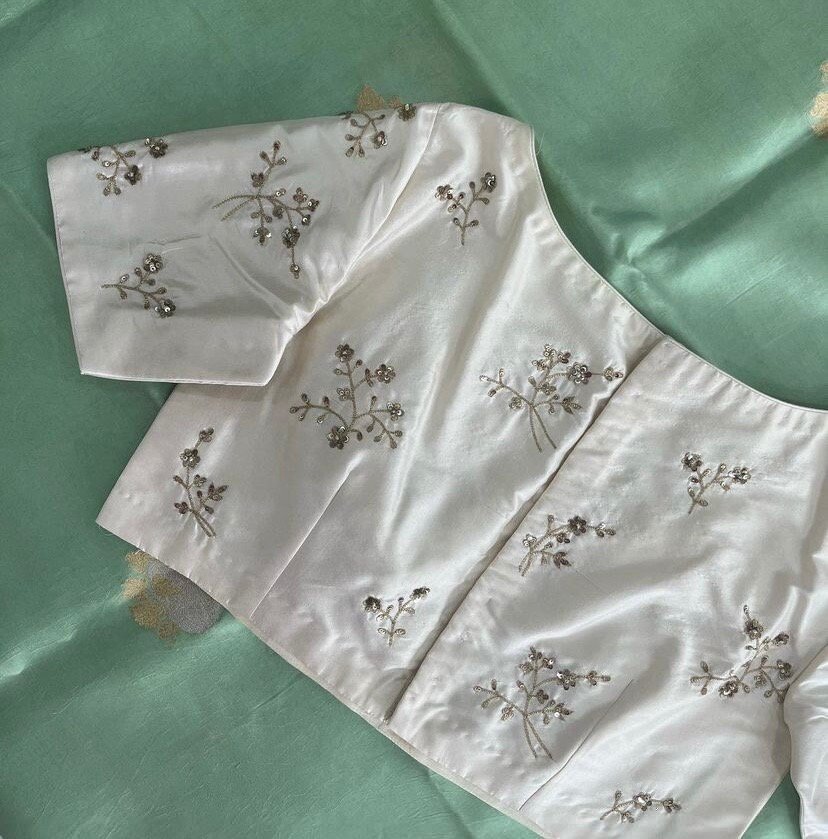 pure silk hand embroidery blouse/cream mirror hand made blouse/pure raw silk zardosi blouse/hand embroidered blouse/cream zardosi work blous
