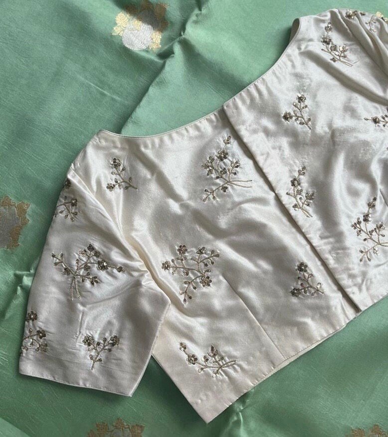 pure silk hand embroidery blouse/cream mirror hand made blouse/pure raw silk zardosi blouse/hand embroidered blouse/cream zardosi work blous