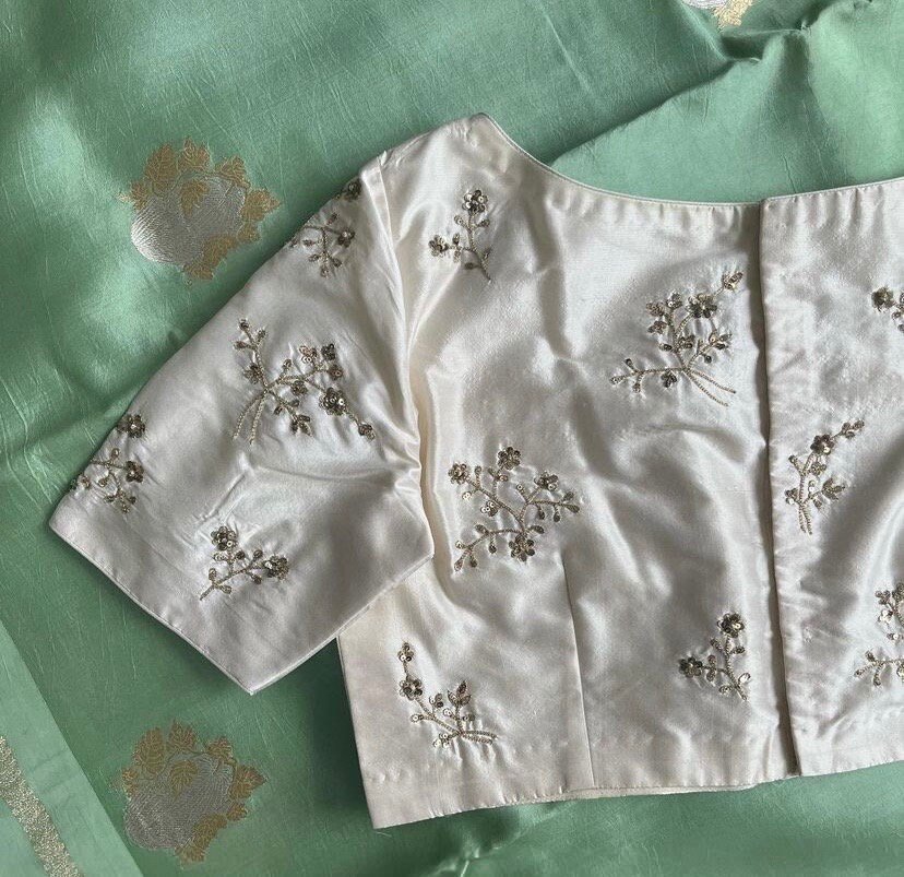 pure silk hand embroidery blouse/cream mirror hand made blouse/pure raw silk zardosi blouse/hand embroidered blouse/cream zardosi work blous