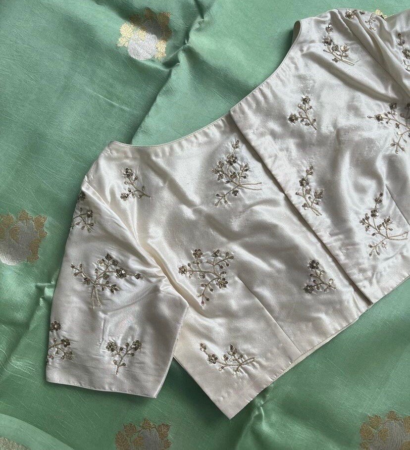 pure silk hand embroidery blouse/cream mirror hand made blouse/pure raw silk zardosi blouse/hand embroidered blouse/cream zardosi work blous