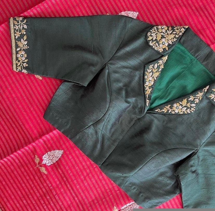 pure silk hand embroidery blouse/coat collar green maggam blouse/collar zardosi blouse/hand embroidered blouse/ready made blouse zardosi