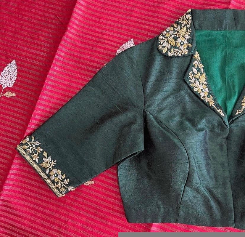 pure silk hand embroidery blouse/coat collar green maggam blouse/collar zardosi blouse/hand embroidered blouse/ready made blouse zardosi