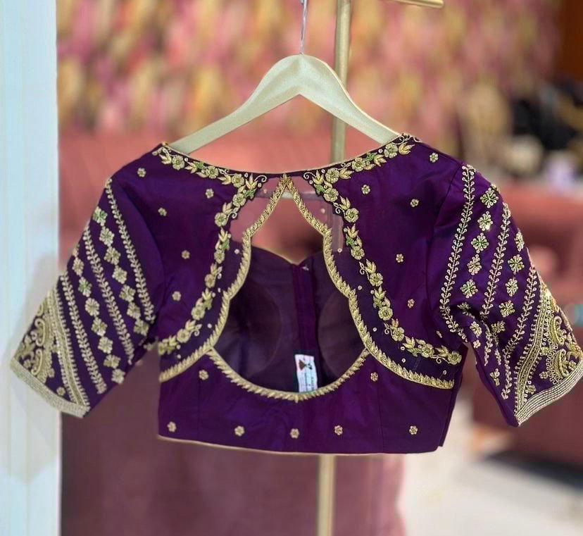 pure silk hand embroidery blouse/modern saree maggam blouse/purple zardosi blouse/wedding hand embroidered blouse/bridal ready made blouse