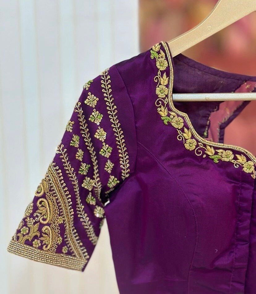 pure silk hand embroidery blouse/modern saree maggam blouse/purple zardosi blouse/wedding hand embroidered blouse/bridal ready made blouse
