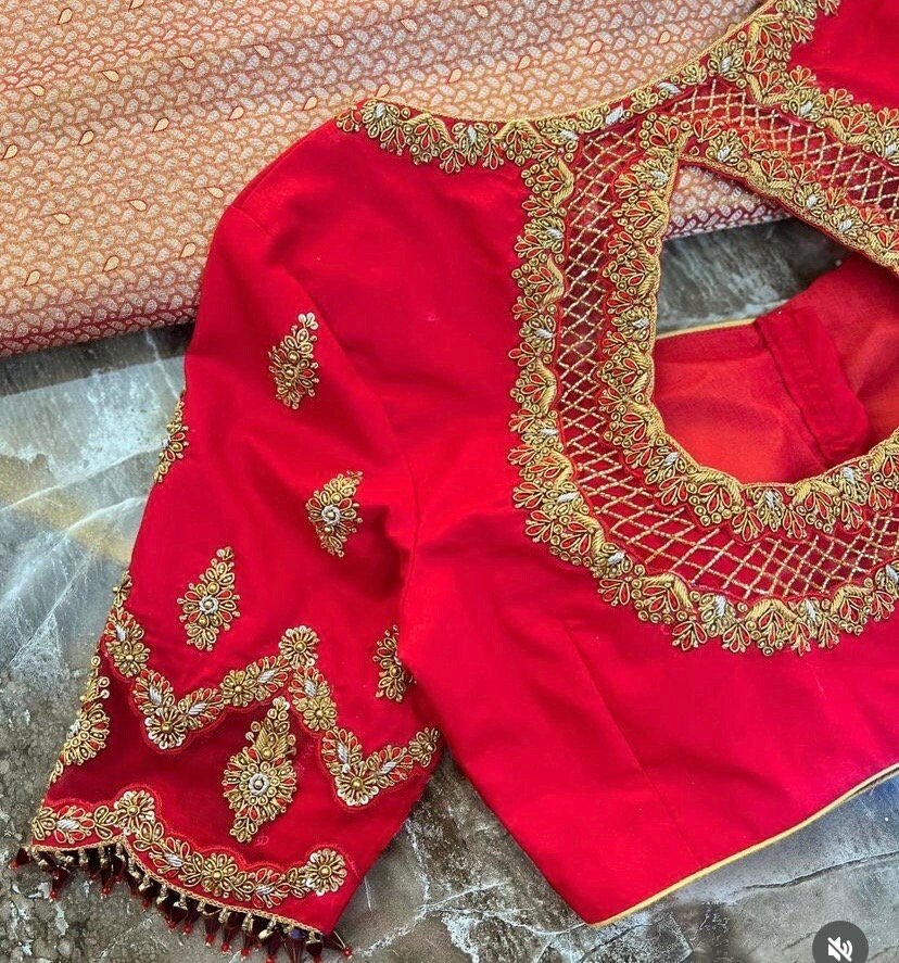 pure silk hand embroidery blouse/modern saree maggam blouse/red zardosi blouse/wedding hand embroidered blouse/red bridal ready made blouse