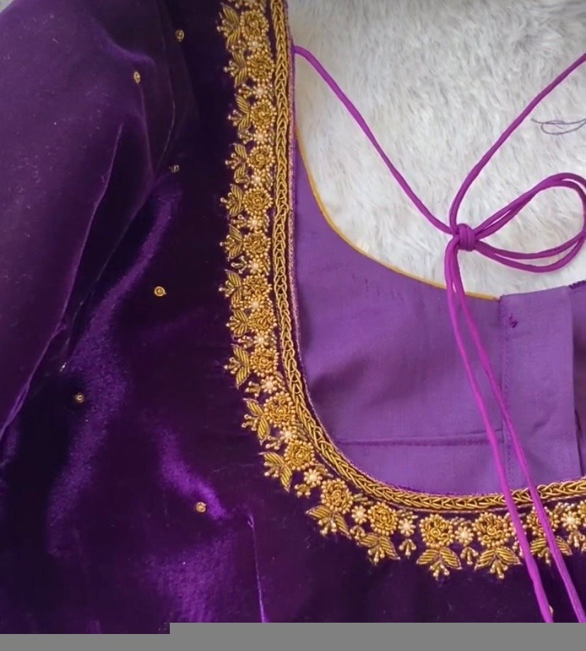 pure velvet hand embroidery blouse /modern saree maggam blouse/purple zardosi blouse / hand embroidered blouse/purple ready made blouse