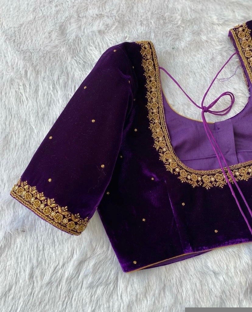 pure velvet hand embroidery blouse /modern saree maggam blouse/purple zardosi blouse / hand embroidered blouse/purple ready made blouse