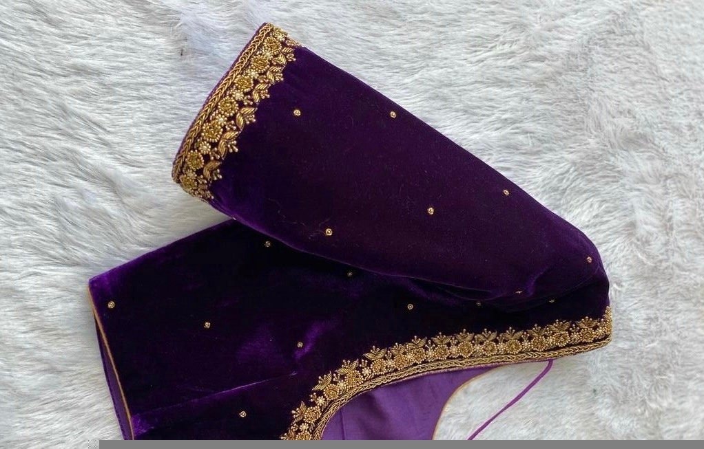 pure velvet hand embroidery blouse /modern saree maggam blouse/purple zardosi blouse / hand embroidered blouse/purple ready made blouse
