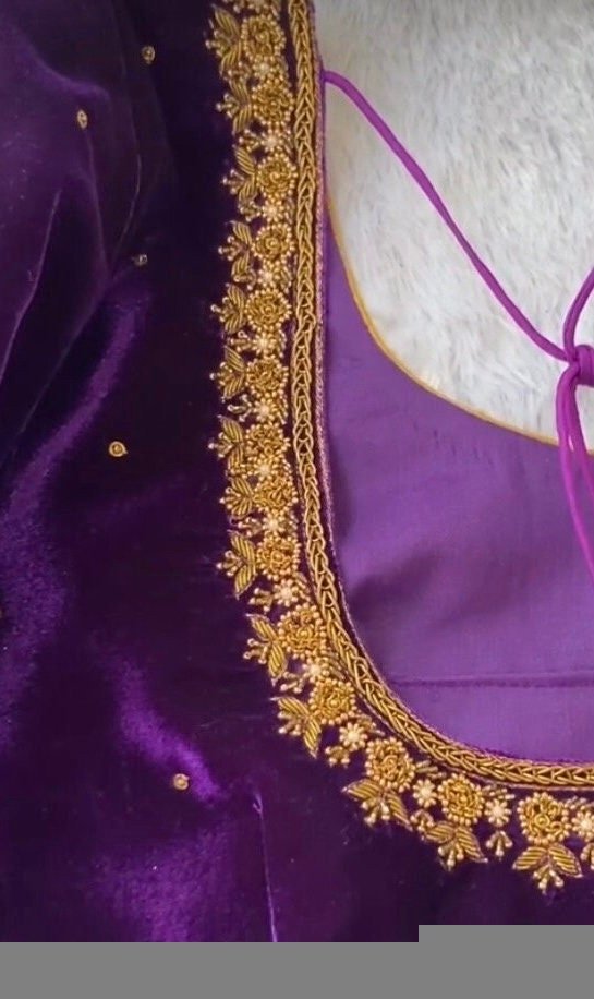 pure velvet hand embroidery blouse /modern saree maggam blouse/purple zardosi blouse / hand embroidered blouse/purple ready made blouse