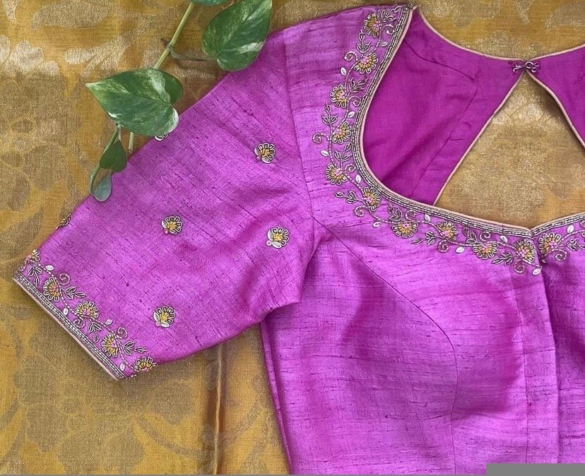 pure silk hand embroidery blouse/light pink maggam blouse/pink hand embroidered blouse/pink ready made blouse zardosi/pink lavender blouse