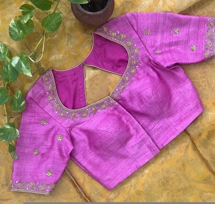 pure silk hand embroidery blouse/light pink maggam blouse/pink hand embroidered blouse/pink ready made blouse zardosi/pink lavender blouse