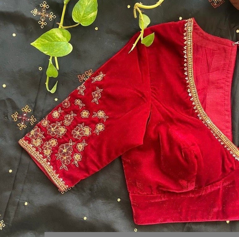 pure velvet red hand embroidery blouse /modern saree maggam blouse/red zardosi blouse/hand embroidered blouse/red velvet ready made blouse