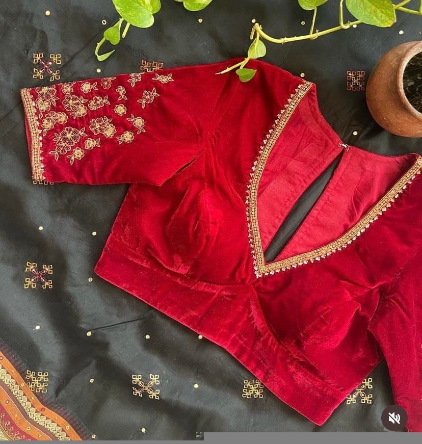 pure velvet red hand embroidery blouse /modern saree maggam blouse/red zardosi blouse/hand embroidered blouse/red velvet ready made blouse