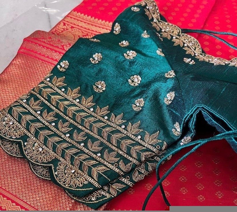 pure silk hand embroidery blouse/saree maggam blouse/green zardosi blouse usa/hand embroidered moderblouse/green ready made blouse zardosi