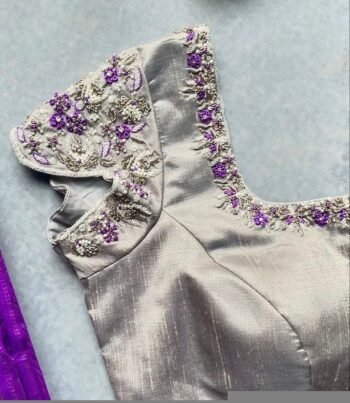 pure silk hand embroidery blouse/silver saree maggam blouse/short sleeve blouse/hand embroidered blouse/silver raw silk ready made blouse us