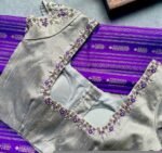pure silk hand embroidery blouse/silver saree maggam blouse/short sleeve blouse/hand embroidered blouse/silver raw silk ready made blouse us