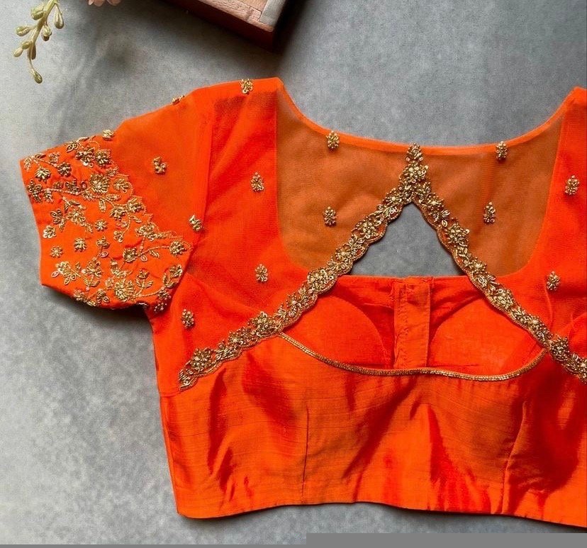 pure silk hand embroidery blouse/saree maggam blouse/orange zardosi blouse usa/hand embroidered modern blouse/ready made blouse zardosi usa