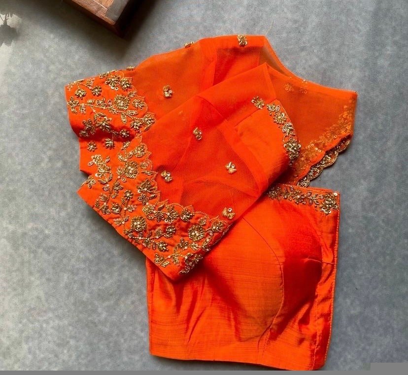 pure silk hand embroidery blouse/saree maggam blouse/orange zardosi blouse usa/hand embroidered modern blouse/ready made blouse zardosi usa