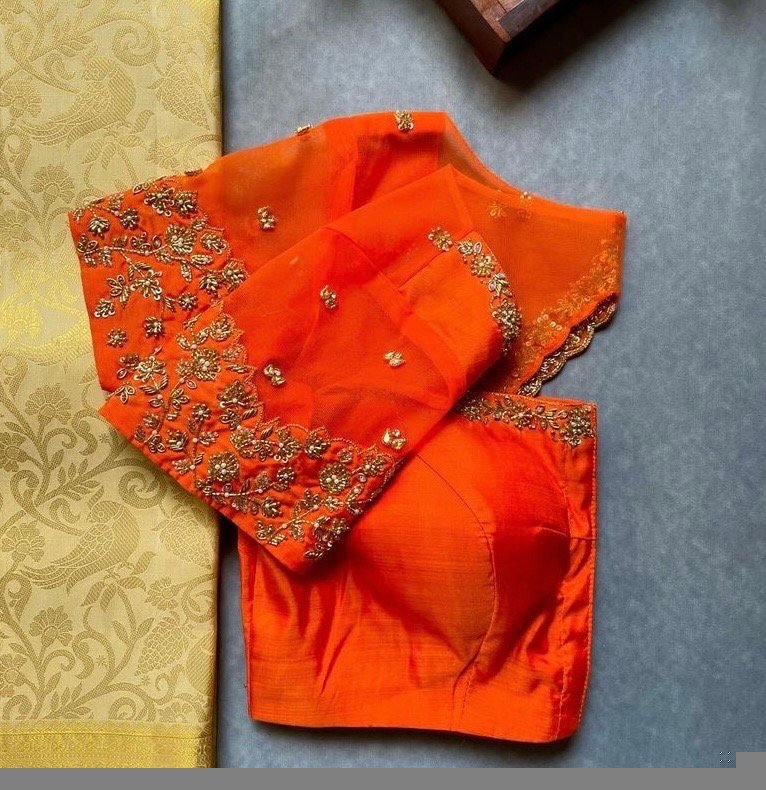 pure silk hand embroidery blouse/saree maggam blouse/orange zardosi blouse usa/hand embroidered modern blouse/ready made blouse zardosi usa