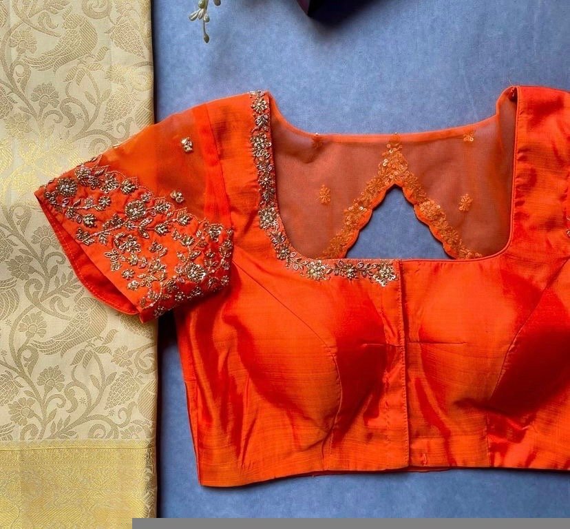 pure silk hand embroidery blouse/saree maggam blouse/orange zardosi blouse usa/hand embroidered modern blouse/ready made blouse zardosi usa