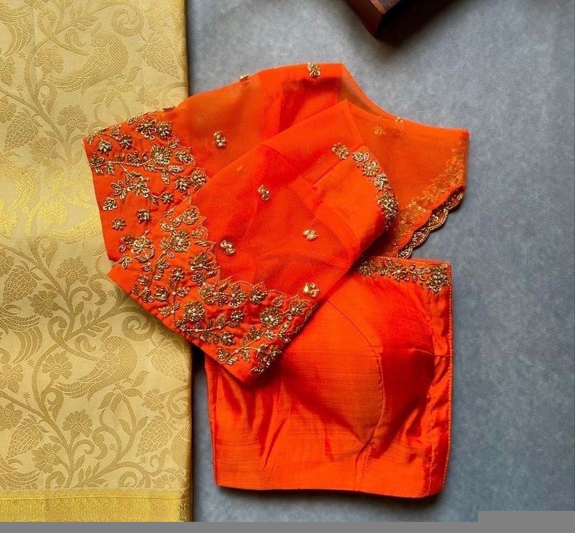 pure silk hand embroidery blouse/saree maggam blouse/orange zardosi blouse usa/hand embroidered modern blouse/ready made blouse zardosi usa