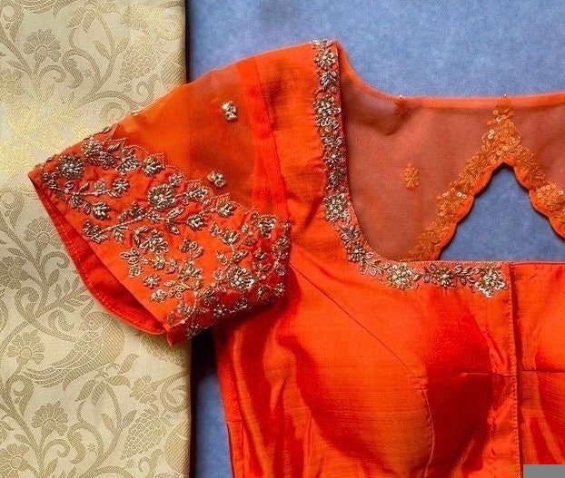 pure silk hand embroidery blouse/saree maggam blouse/orange zardosi blouse usa/hand embroidered modern blouse/ready made blouse zardosi usa