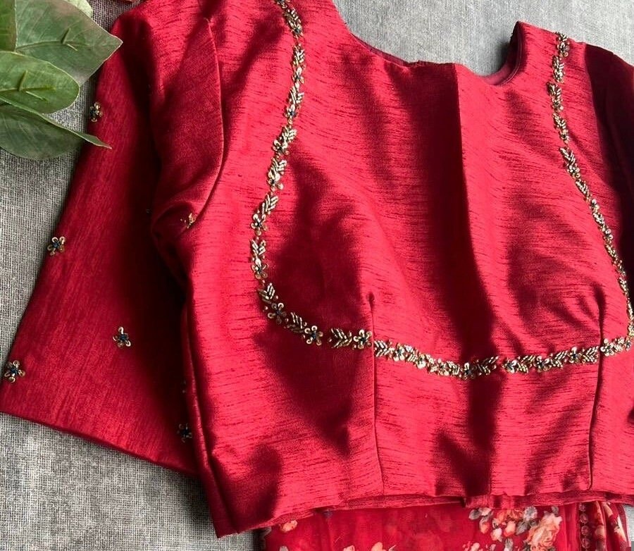 pure silk hand embroidery blouse/saree maggam blouse/red zardosi blouse/red hand embroidered moderblouse/red ready made blouse zardosi usa