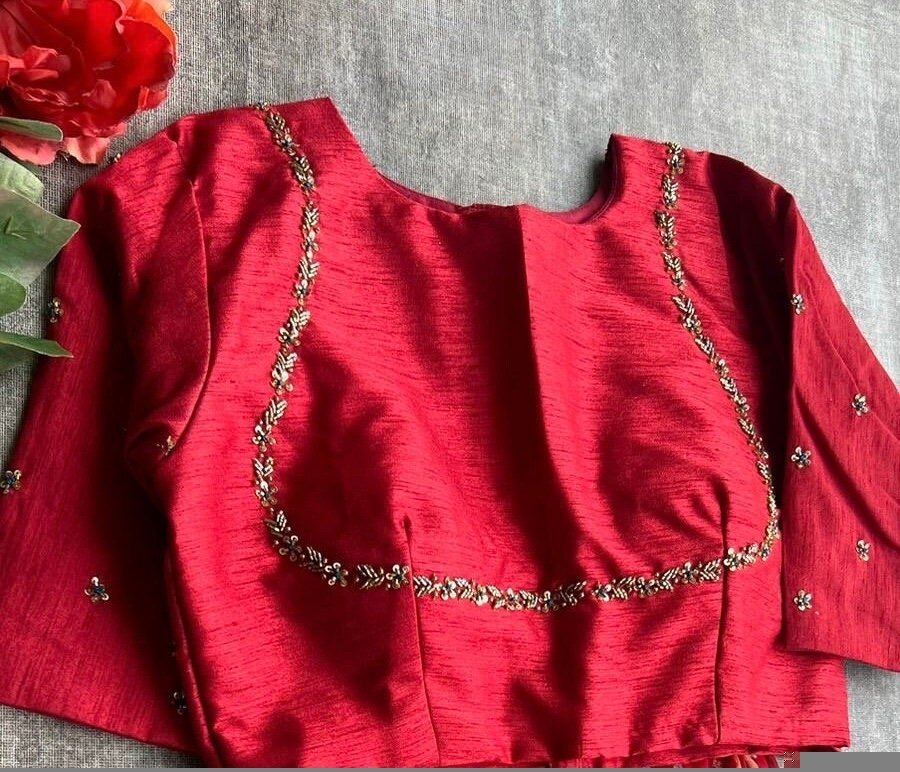 pure silk hand embroidery blouse/saree maggam blouse/red zardosi blouse/red hand embroidered moderblouse/red ready made blouse zardosi usa