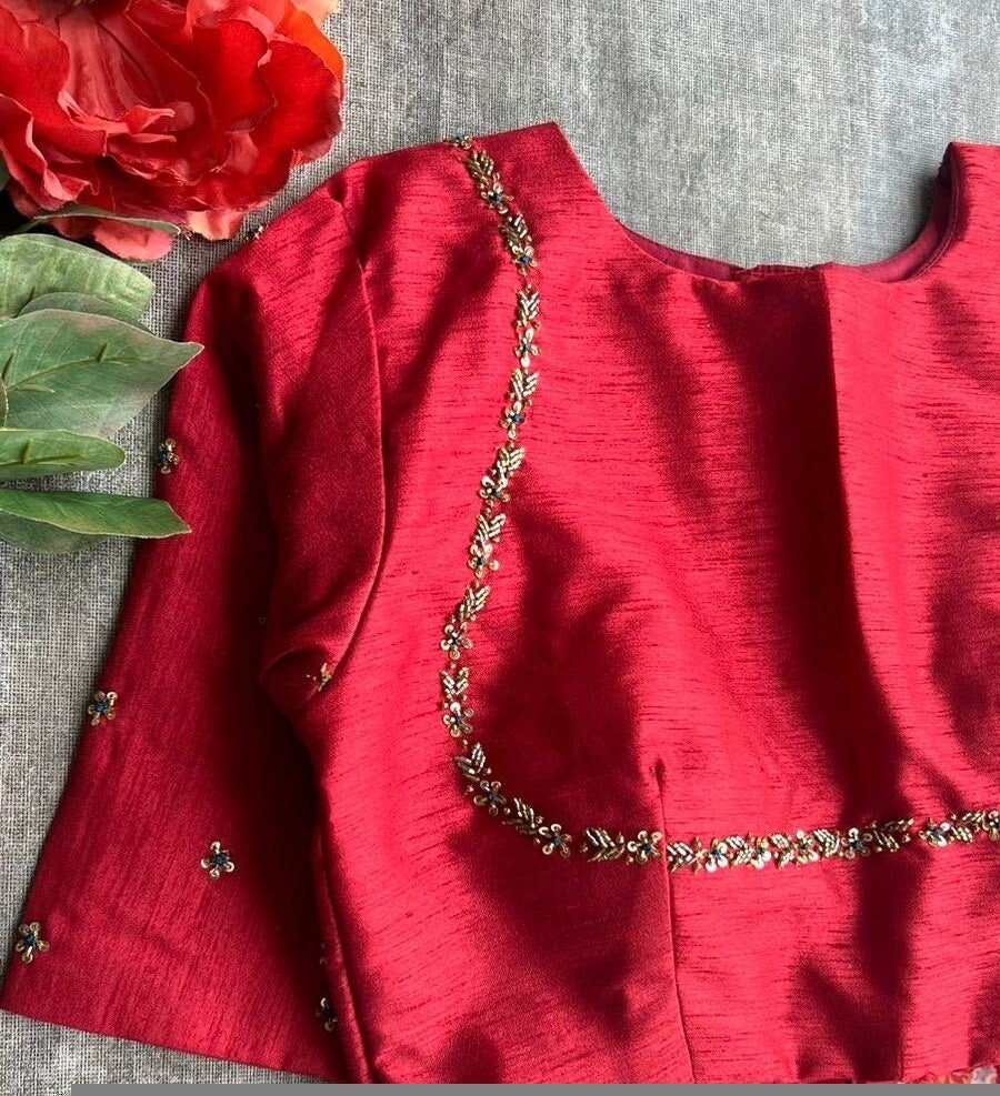 pure silk hand embroidery blouse/saree maggam blouse/red zardosi blouse/red hand embroidered moderblouse/red ready made blouse zardosi usa