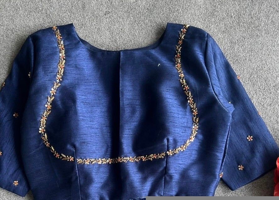 pure silk hand embroidery blouse/saree maggam blouse/zardosi blouse/navy blue hand embroidered moderblouse/blue ready made blouse zardosi