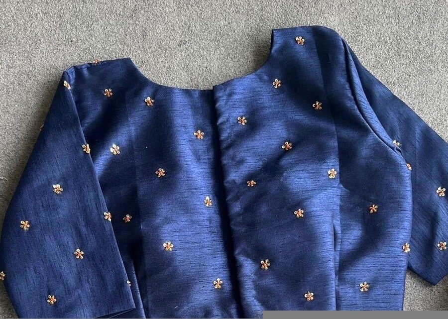 pure silk hand embroidery blouse/saree maggam blouse/zardosi blouse/navy blue hand embroidered moderblouse/blue ready made blouse zardosi