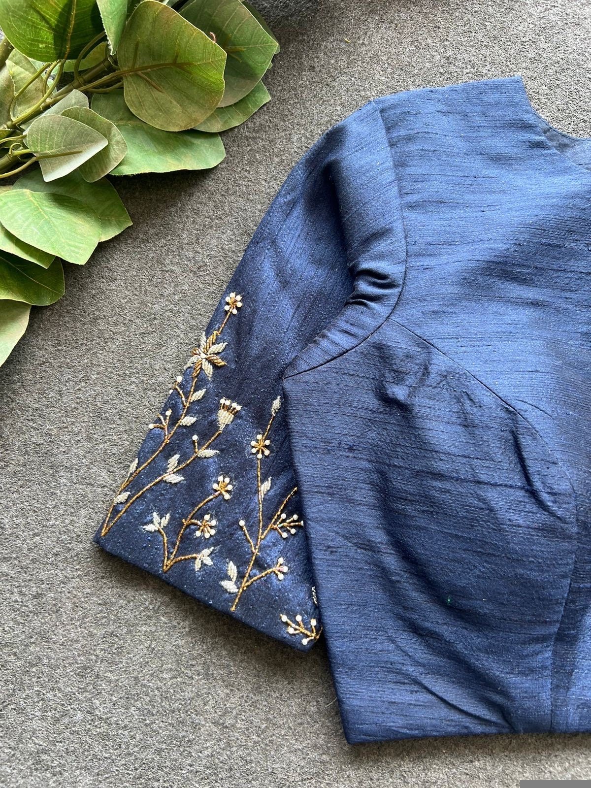 pure silk hand embroidery blouse/saree maggam blouse/zardosi blouse/navy blue hand embroidered moderblouse/blue ready made blouse zardosi