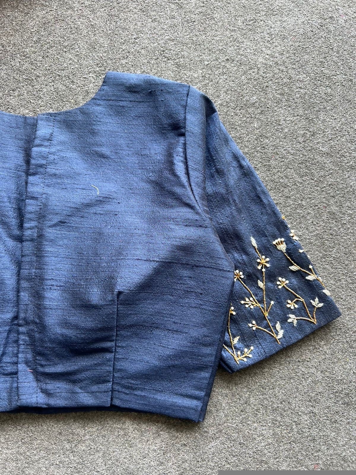 pure silk hand embroidery blouse/saree maggam blouse/zardosi blouse/navy blue hand embroidered moderblouse/blue ready made blouse zardosi
