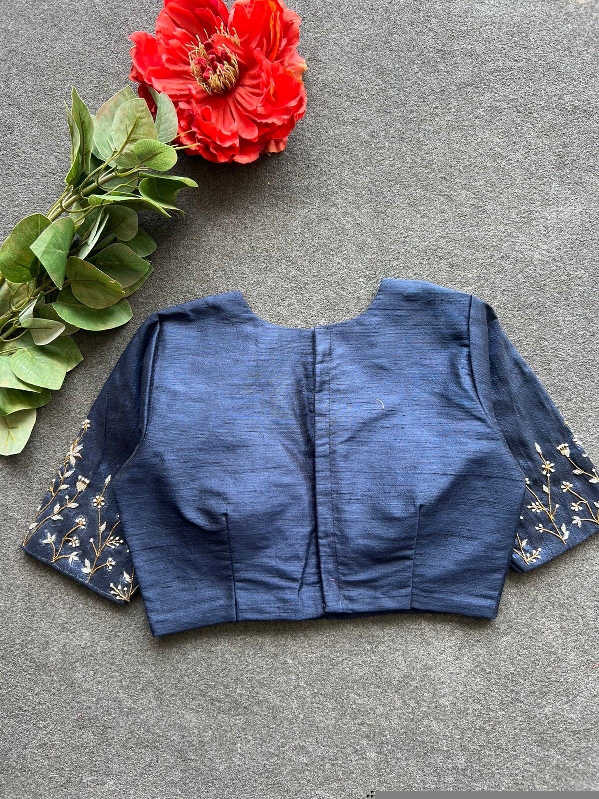 pure silk hand embroidery blouse/saree maggam blouse/zardosi blouse/navy blue hand embroidered moderblouse/blue ready made blouse zardosi