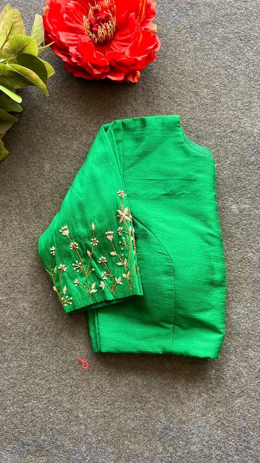 pure silk hand embroidery blouse/saree maggam blouse/green zardosi blouse/green embroidered moderblouse/green ready made high neck blouse
