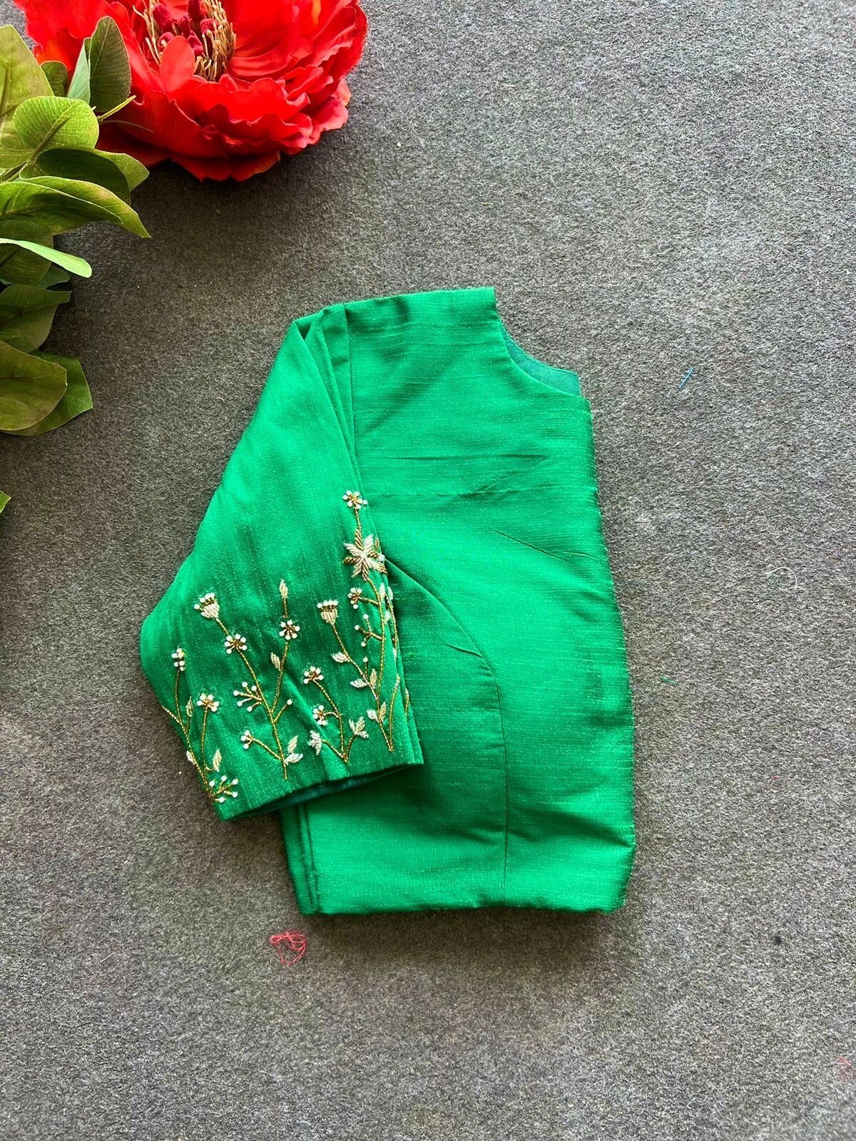 pure silk hand embroidery blouse/saree maggam blouse/green zardosi blouse/green embroidered moderblouse/green ready made high neck blouse