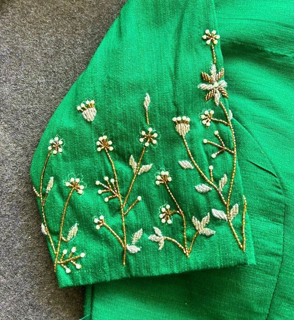 pure silk hand embroidery blouse/saree maggam blouse/green zardosi blouse/green embroidered moderblouse/green ready made high neck blouse