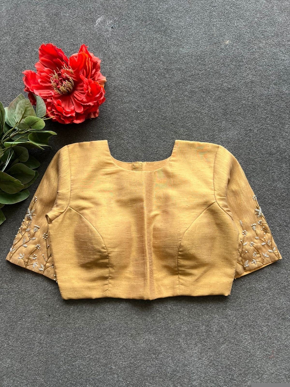 Hand Embroidered Silk Saree Blouse: Beige Zardosi Maggam Blouse