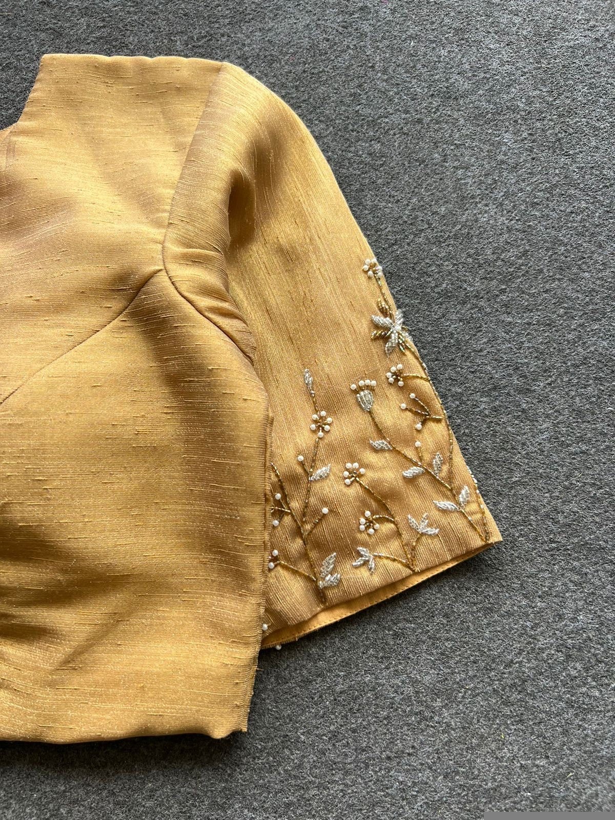 Hand Embroidered Silk Saree Blouse: Beige Zardosi Maggam Blouse