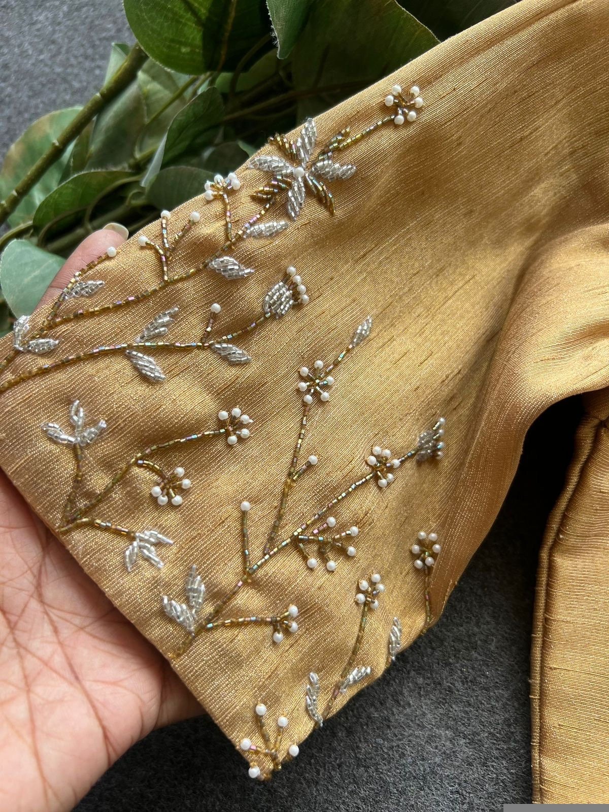 Hand Embroidered Silk Saree Blouse: Beige Zardosi Maggam Blouse