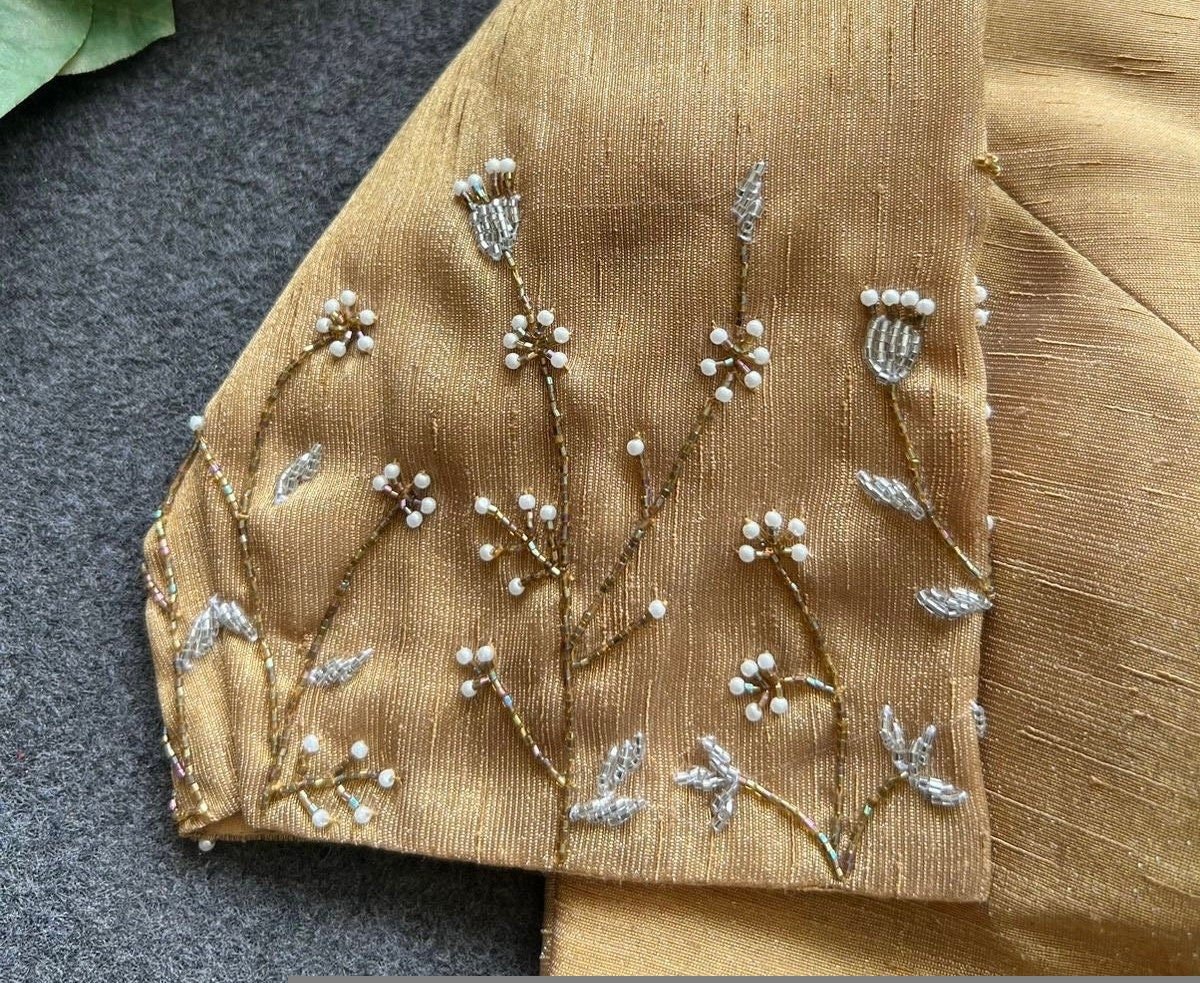 Hand Embroidered Silk Saree Blouse: Beige Zardosi Maggam Blouse
