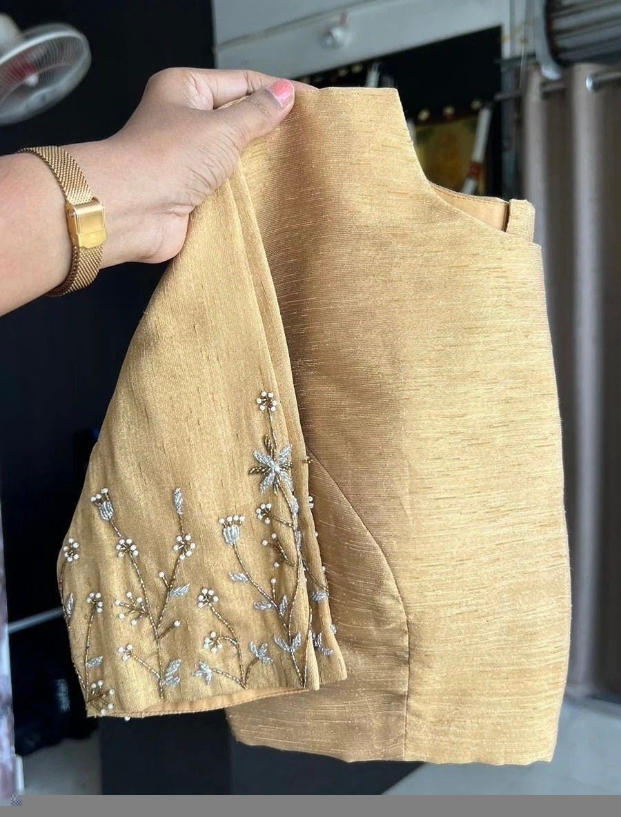 Hand Embroidered Silk Saree Blouse: Beige Zardosi Maggam Blouse