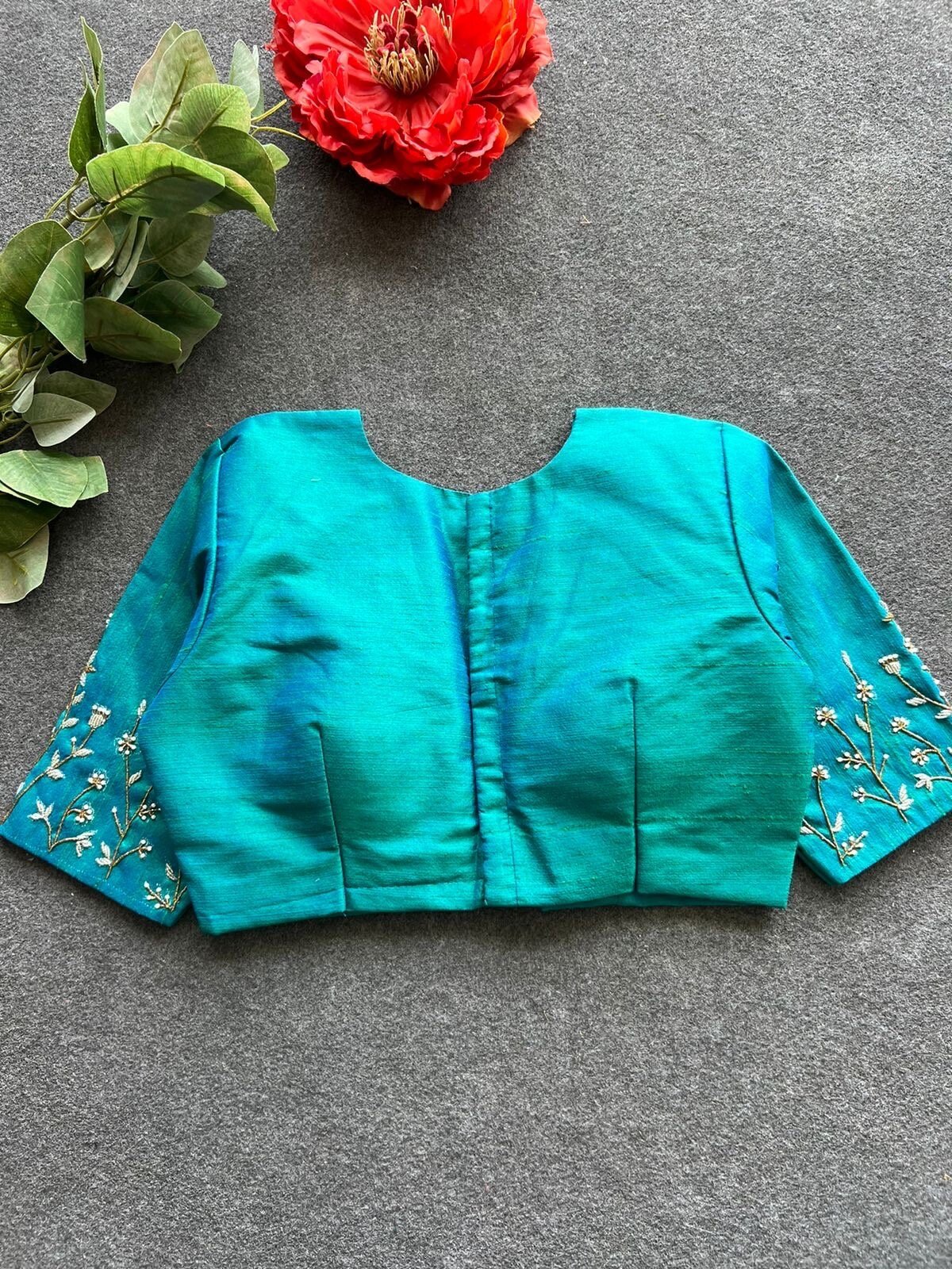 pure silk hand embroidery blouse/green saree maggam blouse/sea green zardosi blouse/blue embroidered moderblouse/ready made high neck blouse