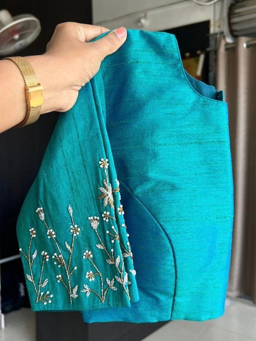 pure silk hand embroidery blouse/green saree maggam blouse/sea green zardosi blouse/blue embroidered moderblouse/ready made high neck blouse