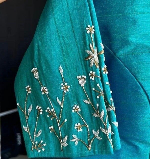 pure silk hand embroidery blouse/green saree maggam blouse/sea green zardosi blouse/blue embroidered moderblouse/ready made high neck blouse