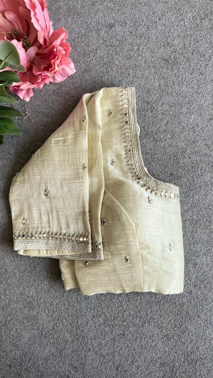 pure silk hand embroidery blouse/beige mirror hand made blouse/pure raw silk zardosi blouse/hand embroidered blouse/cream mirror work blouse
