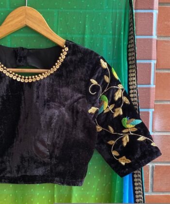 pure velvet black hand embroidery blouse/blackmaggam blouse/black zardosi blouse/hand embroidered blouse/black velvet ready made blouse