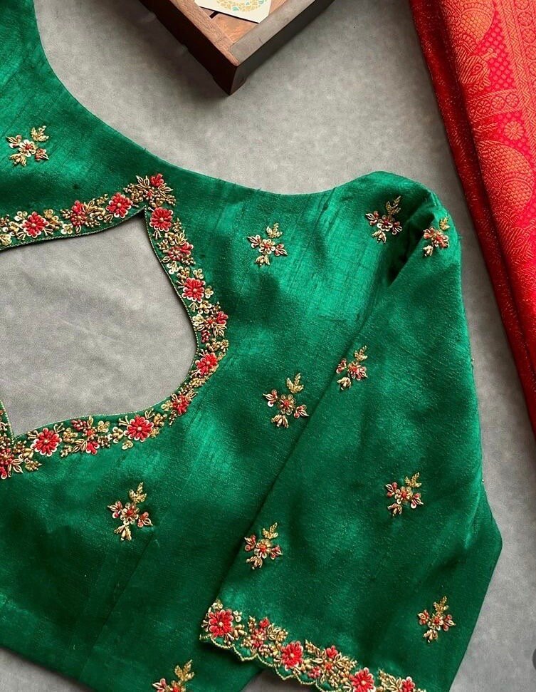 pure silk hand embroidery blouse/saree maggam blouse/green zardosi blouse/hand embroidered moderblouse/green ready made blouse zardosi usa